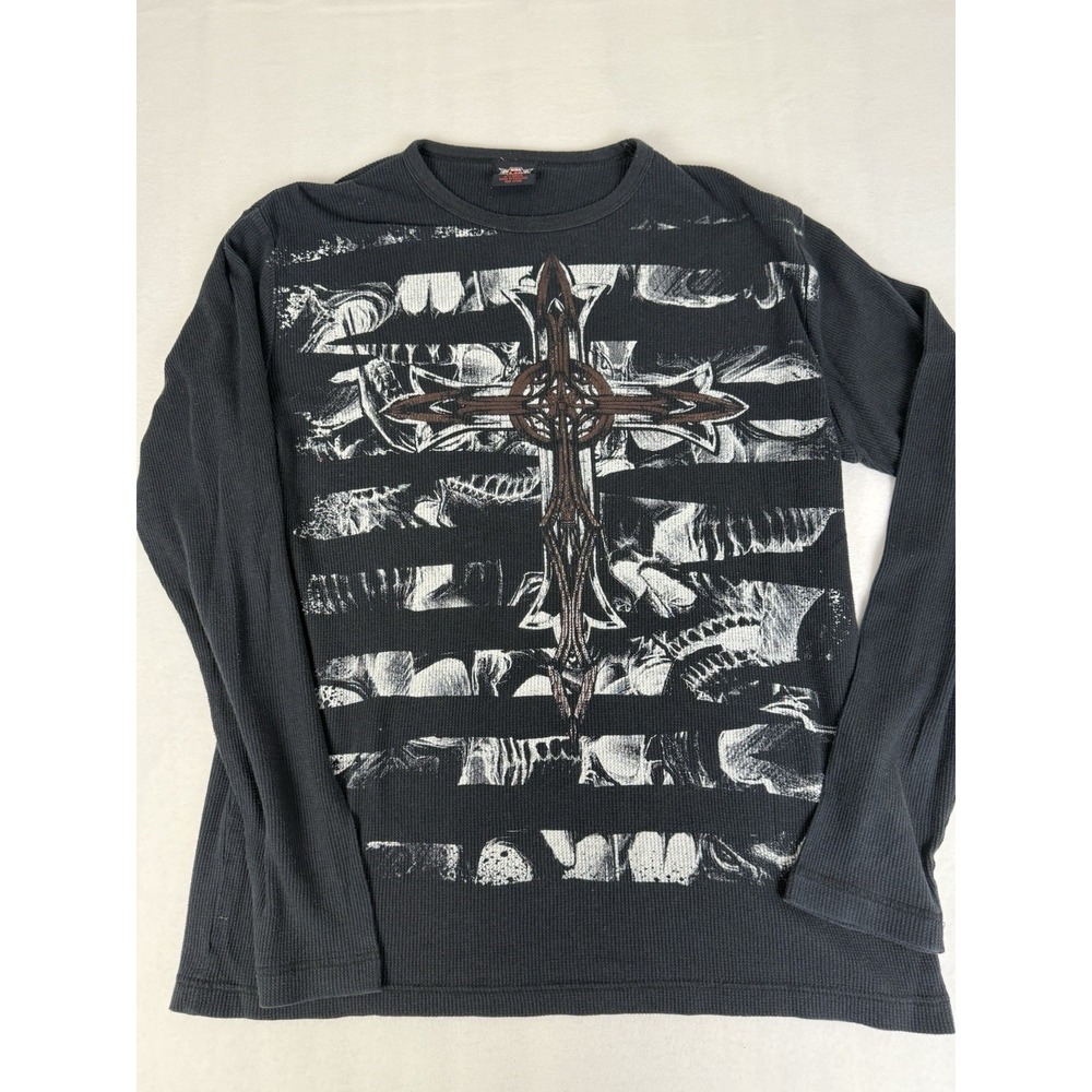 Vintage‎ MMA Elite Cross Skulls Thermal Black Shirt XL Cyber Y2K Mallgoth